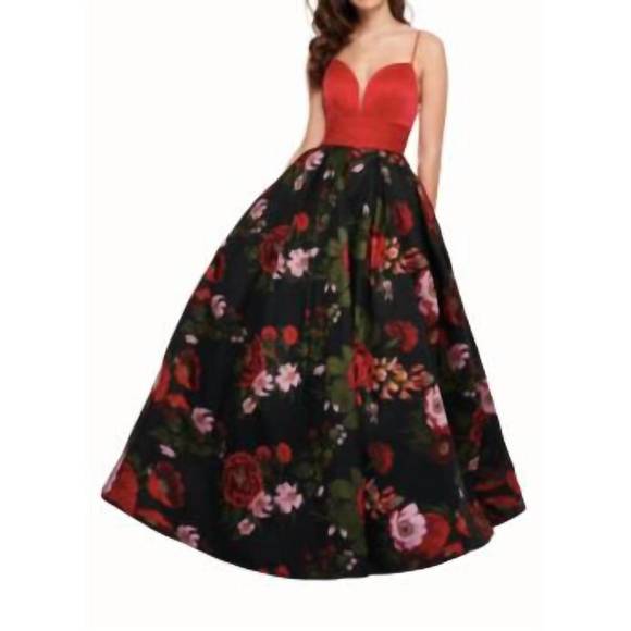NEW RACHEL ALLAN floral jacquard ballgown in red/multi